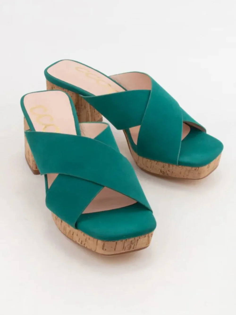EMERALD GREEN Faux Leather Cork Platform Sandals - Picture 2 of 4